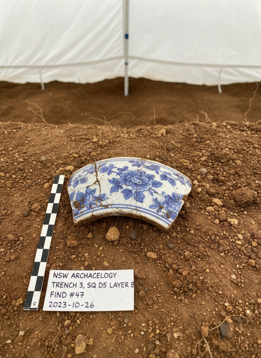 A close-up, highly detailed photographic study of a partially unearthed ceramic artifact at a New South Wales archaeological test pit. A fragment of blue-and-white transfer-printed pottery, its glazed surface cracked and soil-stained, rests in situ within compacted ochre and umber earth layers. A precisely positioned metric scale and a discreet, handwritten context label border the fragment, hinting at systematic excavation. Soft, diffused shade from a canopy tent creates even lighting, with subtle shadows defining the texture of soil clumps and tiny quartz grains. Shot from directly above with sharp focus and high resolution, the background gently softens at the frame’s edge. The mood is methodical and scholarly, highlighting the intersection of material culture, fieldwork, and careful documentation in heritage research.
