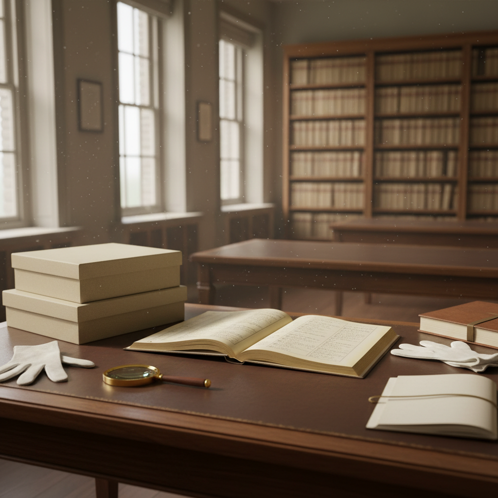 A meticulously arranged archival research desk in a quiet heritage reading room, viewed from a slightly elevated angle. At the center lies an open, yellowed ledger from a 19th-century New South Wales cemetery register, its inked names and dates beautifully preserved. Around it are neatly stacked acid-free boxes, a linen-bound notebook, a magnifying glass, and soft cotton gloves resting on a dark timber surface with visible grain. Diffused daylight filters through high sash windows, illuminating floating dust motes and casting gentle, ordered shadows. In the softly blurred background, tall shelves of labelled archival volumes recede in perspective. Photographic realism with sharp focus on the ledger and shallow depth behind, creating an atmosphere of quiet scholarship, precision, and respect for the fragility of historical memory.