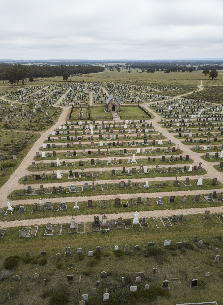 An expansive, aerial photographic view of a historic New South Wales cemetery integrated into the surrounding landscape. Neatly aligned rows of varied headstones—sandstone, marble, and granite—form subtle geometric patterns against a tapestry of muted green lawn, scattered native shrubs, and winding gravel paths. A small, ornate stone chapel with a slate roof anchors the upper third of the composition, while weathered iron fences segment family plots below. Soft overcast light from a high, clouded sky produces even, shadowless illumination, allowing intricate details to be clearly visible. The mood is contemplative and analytical, suitable for heritage mapping and landscape archaeology. Photographic realism with crisp focus across the entire frame, emphasizing spatial relationships and long-term human interaction with place.