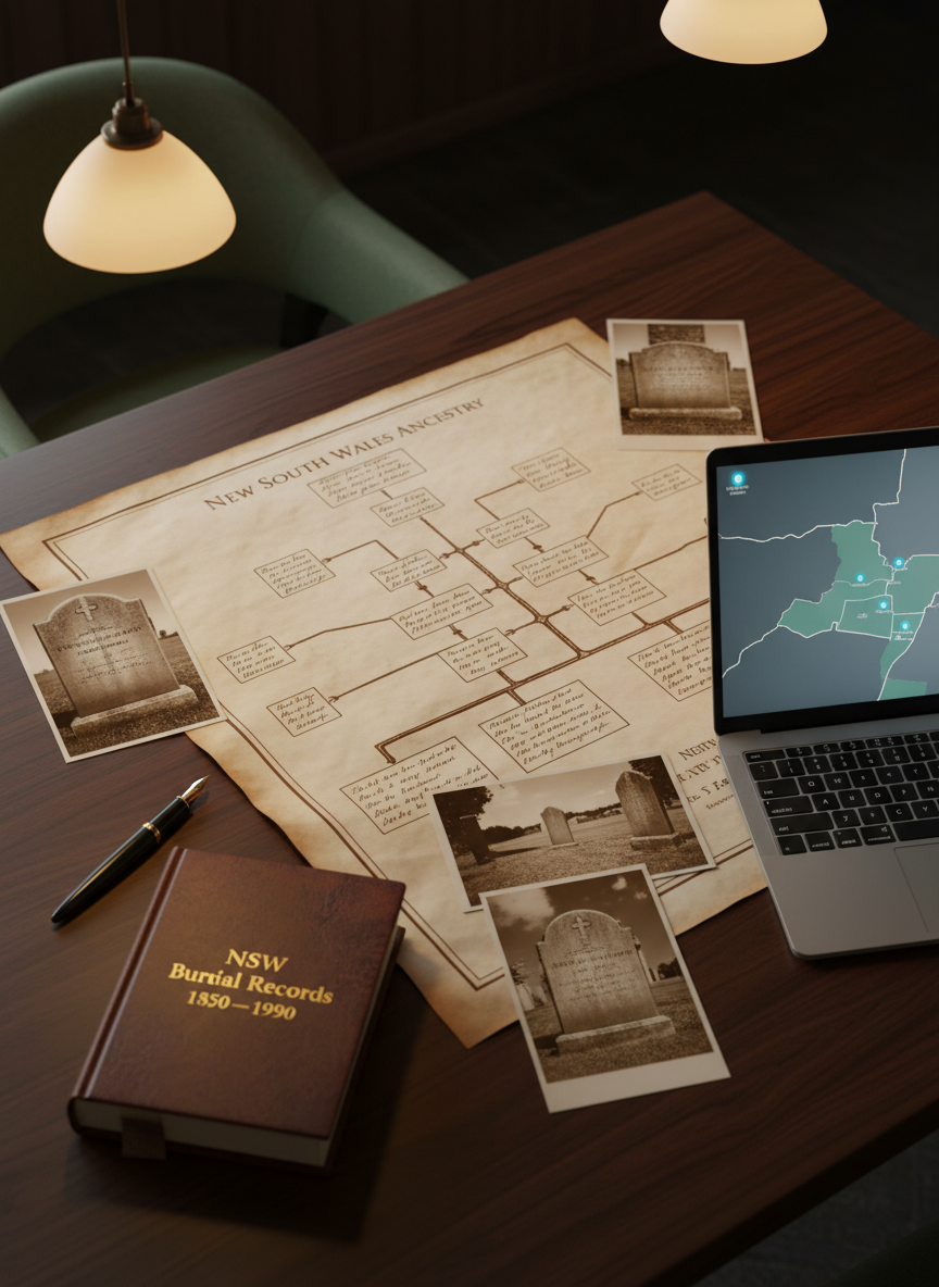 A refined genealogical research still life arranged on a dark wood table, representing New South Wales family and burial history studies. At the center, a large, unfolded parchment-style family tree diagram radiates branching lines and neatly handwritten names. Surrounding it are sepia-toned photographs of headstones, a vintage fountain pen, and a bound volume titled “NSW Burial Records 1850–1900”. A laptop, partially visible at the edge of the frame, displays a softly glowing map of regional cemeteries, its cool light contrasting with the table’s warm tones. Warm pendant lighting from above creates gentle pools of illumination and delicate shadows that emphasize paper textures and ink strokes. Photographic realism, shot at an oblique angle with moderate depth of field, conveys a sophisticated, studious atmosphere of methodical ancestral discovery.